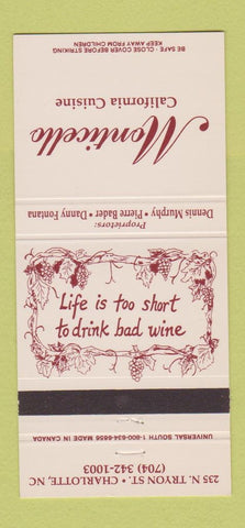 Matchbook Cover - Monticello Restaurant Charlotte NC 30 Strike