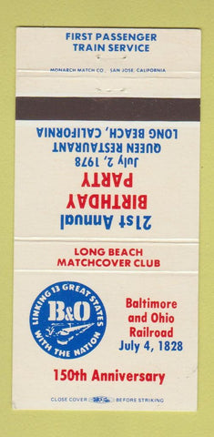 Matchbook Cover - B&O Railroad 150th RMS Match Club 1978 30 Strike