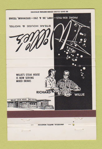 Matchbook Cover - Willie's Steak House Motel Brenham TX 40 Strike