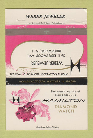 Matchbook Cover - Hamilton Watches Weber Jewelry Ridgewood NJ orchid 40 Strike