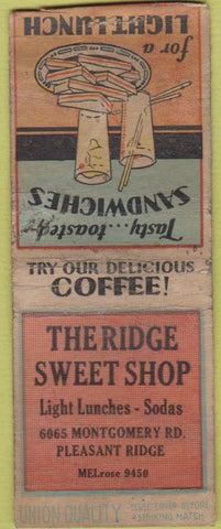 Matchbook Cover - Ridge Sweet Shop Cincinnati OH? Union Quality BOBTAIL POOR