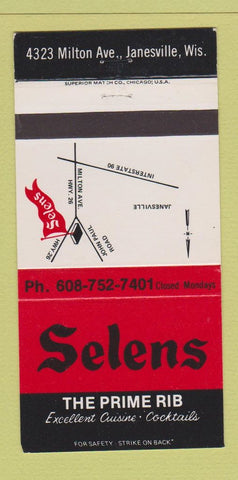 Matchbook Cover - Selens Prime Rib Janesville WI 30 Strike