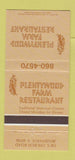Matchbook Cover - Plentywood Farm Restaurant Bensenville IL 30 Strike