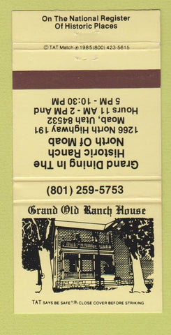 Matchbook Cover - Grand Old Ranch House Moab UT WEAR 30 Strike