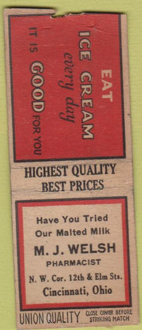 Matchbook Cover - Welsh Drugs Cincinnati OH Union Quality BOBTAIL WEAR