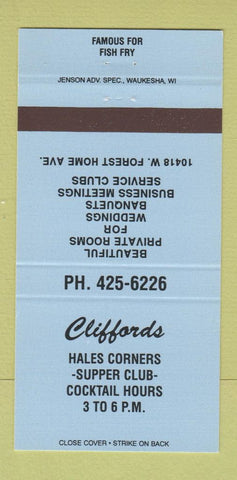 Matchbook Cover - Cliffords Supper Club Hales Corners WI 30 Strike