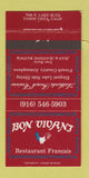 Matchbook Cover - Bon Vivant Restaurant French Tahoe Village CA 30 Strike