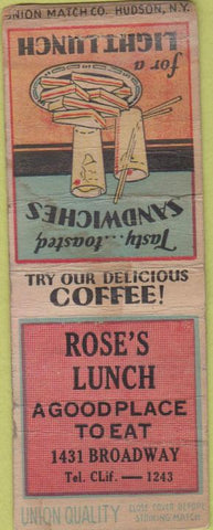 Matchbook Cover - Rose's Lunch Union Quality BOBTAIL POOR