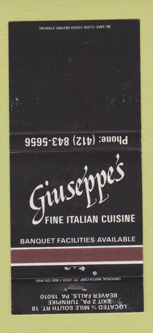 Matchbook Cover - Giuseppe's Italian Restaurant Beaver Falls PA 30 Strike