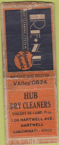 Matchbook Cover - Hub Dry Cleaners Cincinnati OH Union Quality BOBTAIL POOR