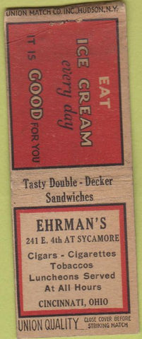 Matchbook Cover - Ehrman's Cincinnati OH Union Quality BOBTAIL WORN