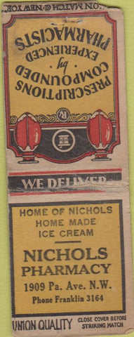 Matchbook Cover - Nichols Pharmacy Washington DC? Union Quality BOBTAIL POOR