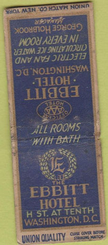 Matchbook Cover - Ebbitt Hotel Washington DC Union Quality BOBTAIL WORN