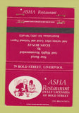 Matchbook Cover - Asha Restaurant Liverpool England UK 40 Strike