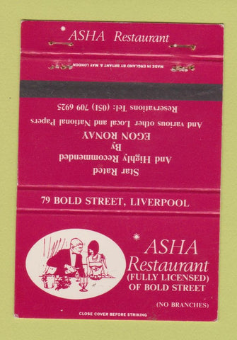 Matchbook Cover - Asha Restaurant Liverpool England UK 40 Strike