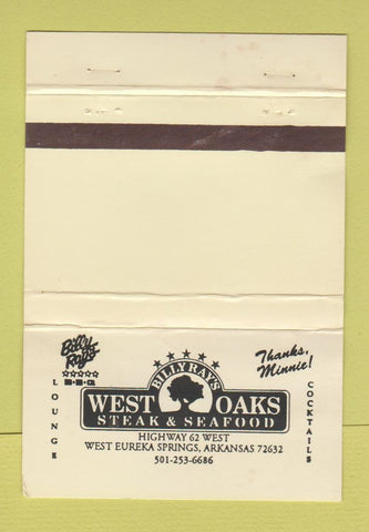 Matchbook Cover - West Oaks Steak Seafood West Eureka Springs AR WEAR 40 Strike