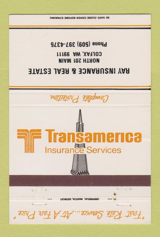 Matchbook Cover - Transamerica Insurance Ray Real Estate Colfax WA 40 Strike