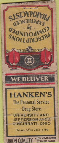 Matchbook Cover - Hanken's Drug Store Cincinnati OH Union Quality BOBTAIL POOR