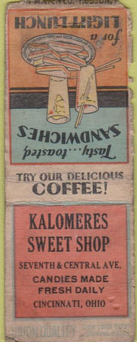 Matchbook Cover - Kalomeres Sweets Cincinnati OH Union Quality BOBTAIL POOR