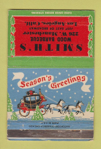 Matchbook Cover - Smith's Wood BBQ Los Angeles CA Christmas WORN 40 Strike
