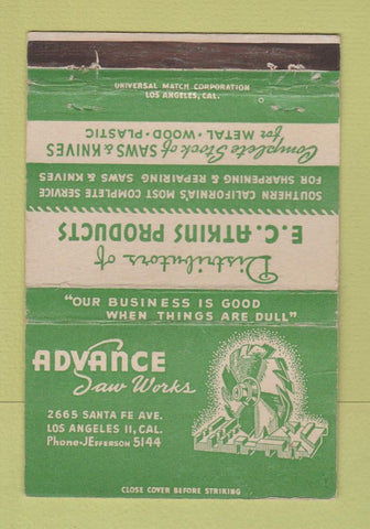 Matchbook Cover - Advance Saw Works Los Angeles CA WEAR 40 Strike