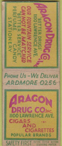 Matchbook Cover - Aragon Drugs Chicago IL Safety First BOBTAIL