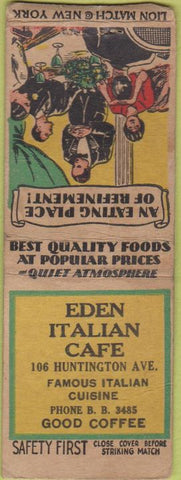 Matchbook Cover - Eden Italian Cafe Safety First BOBTAIL