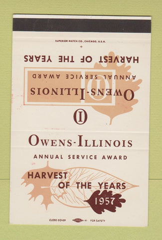 Matchbook Cover - Owens Illinois Harvest of the Year 1957 Award SAMPLE 40 Strike