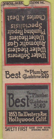 Matchbook Cover - Best Plumbing Hollywood CA Safety First BOBTAIL WORN