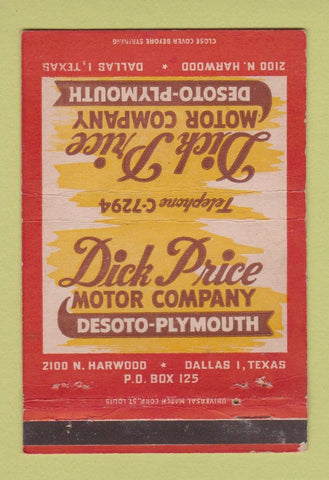 Matchbook Cover - Dick Price DeSoto Plymouth Dallas TX WEAR 40 Strike