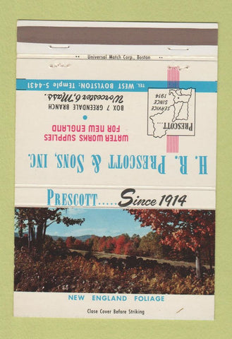 Matchbook Cover - Prescott and Son Water Works Supply Worcester MA 40 Strike