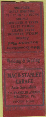 Matchbook Cover - Mac Stanley Garage Scranton PA Safety First BOBTAIL WEAR