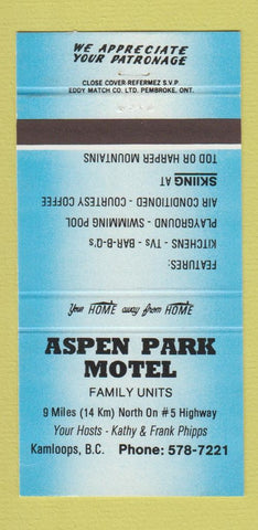 Matchbook Cover - Aspen Park Motel Kamloops BC 30 Strike
