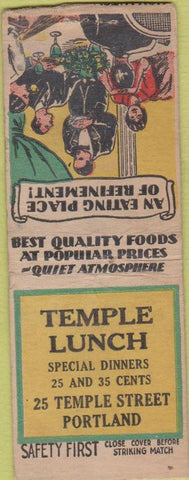 Matchbook Cover - Temple Lunch Portland ME Safety First BOBTAIL