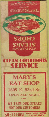 Matchbook Cover - Mary's Eat Shop New York City? Safety First BOBTAIL WEAR