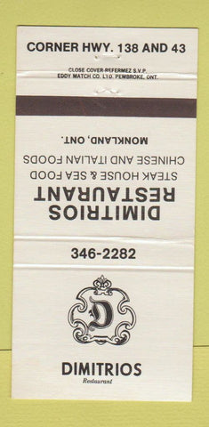 Matchbook Cover - Dimitrios Restaurant Monkland ON 30 Strike