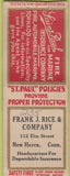Matchbook Cover - Frank Rice Insurance New Haven CT Safety First BOBTAIL