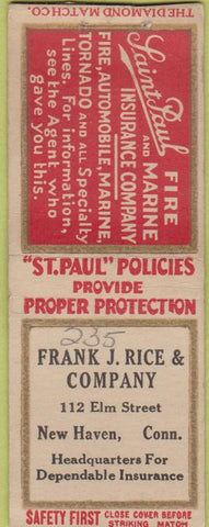 Matchbook Cover - Frank Rice Insurance New Haven CT Safety First BOBTAIL