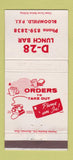 Matchbook Cover - D28 Lunch Bar Bloomfield PE PEI 30 Strike