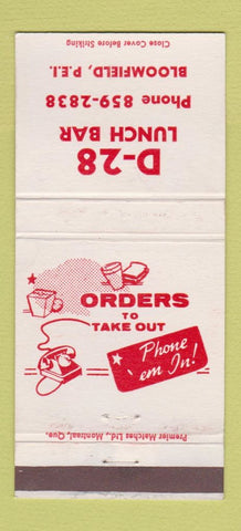 Matchbook Cover - D28 Lunch Bar Bloomfield PE PEI 30 Strike