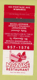 Matchbook Cover - Nazare Restaurant Winnipeg MB 30 Strike