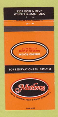 Matchbook Cover - Matheos Restaurant Winnipeg MB 30 Strike