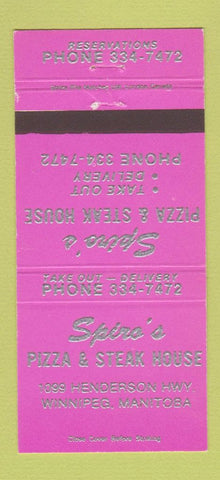 Matchbook Cover - Spiro's Pizza Steak House Winnipeg MB 30 Strike