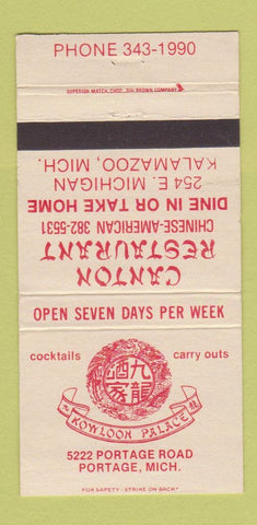 Matchbook Cover - Canton Restaurant Kowloon Palace Chinese Portage MI 30 Strike