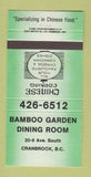 Matchbook Cover - Bamboo Garden Chinese Cranbrook BC 30 Strike