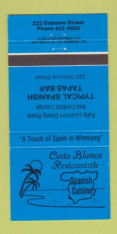 Matchbook Cover - Costa Blanca Restaurante Winnipeg MB 30 Strike