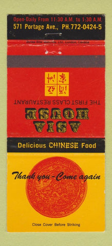 Matchbook Cover - Asia House Restaurant Winnipeg MB 30 Strike