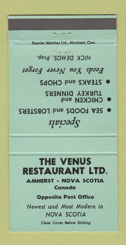 Matchbook Cover - Venus Restaurant Amherst NS 30 Strike