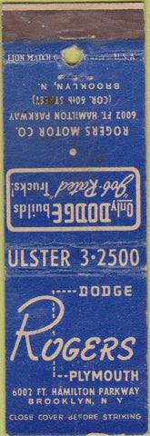 Matchbook Cover - Rogers Plymouth Brooklyn NY Dodge WEAR