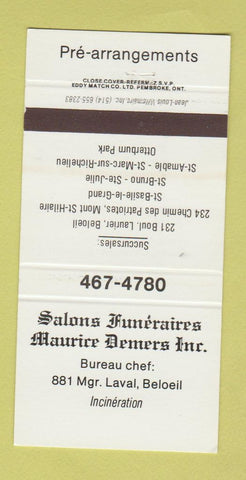Matchbook Cover - Salons Funeraires Maurice Demers Beloeil QC 30 Strike